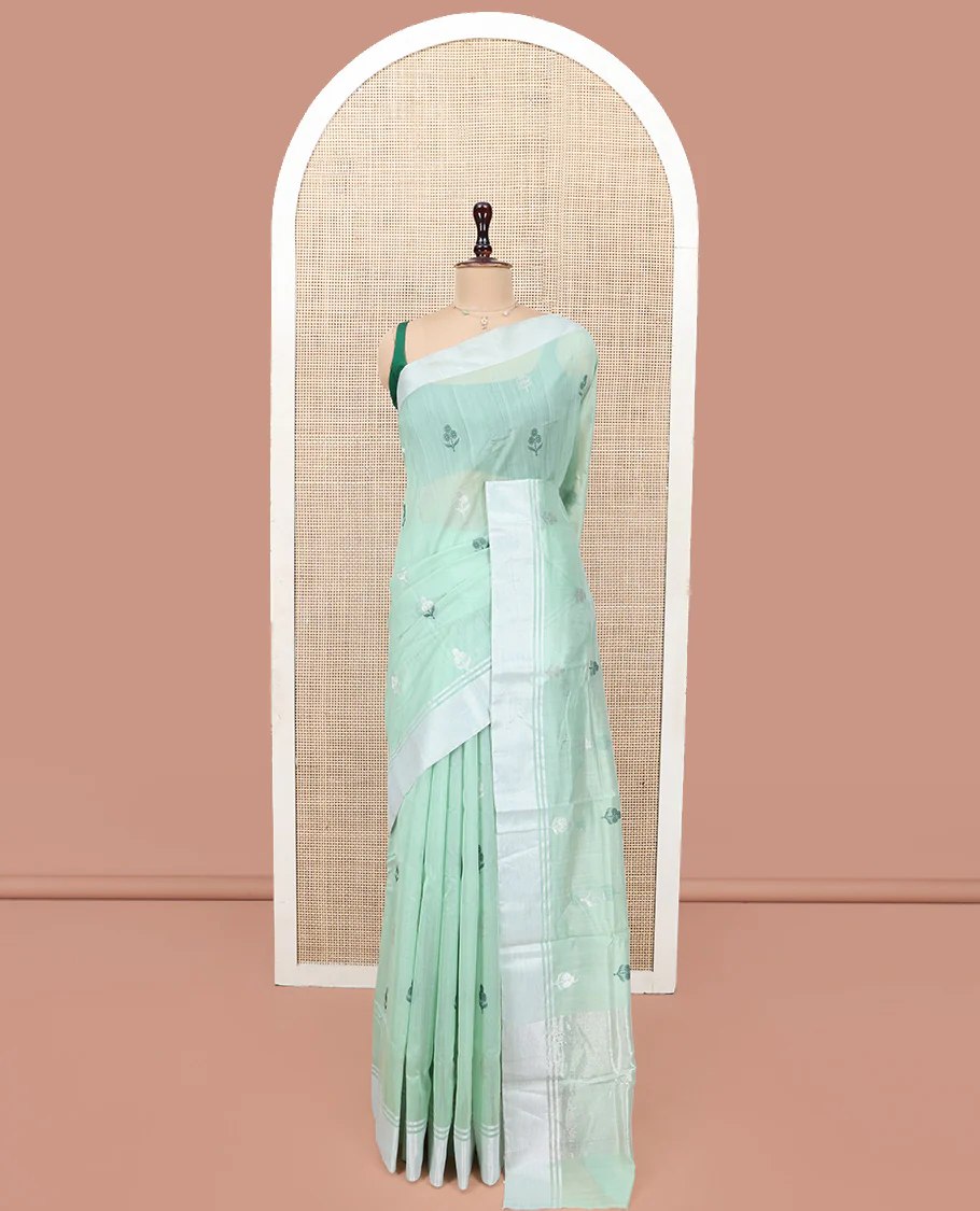 Green Chanderi Cotton Saree, Subtly Decked up with Floral Buttas All Over Its Body, Highlighted by a Bavanji Border, Pallu Steeped with Zari Stripes, and Paired with a Matching Blouse - Image 3