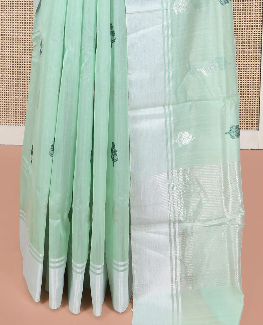 Green Chanderi Cotton Saree, Subtly Decked up with Floral Buttas All Over Its Body, Highlighted by a Bavanji Border, Pallu Steeped with Zari Stripes, and Paired with a Matching Blouse - Image 4