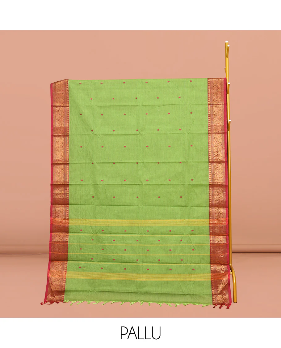 Green Chettinad Cotton Saree, Adorned with Buttas All Over Its Body, Complemented by a Contrast Traditional Zari Design Border, Pallu of Stripes, and Paired with a Matching Blouse - Image 2