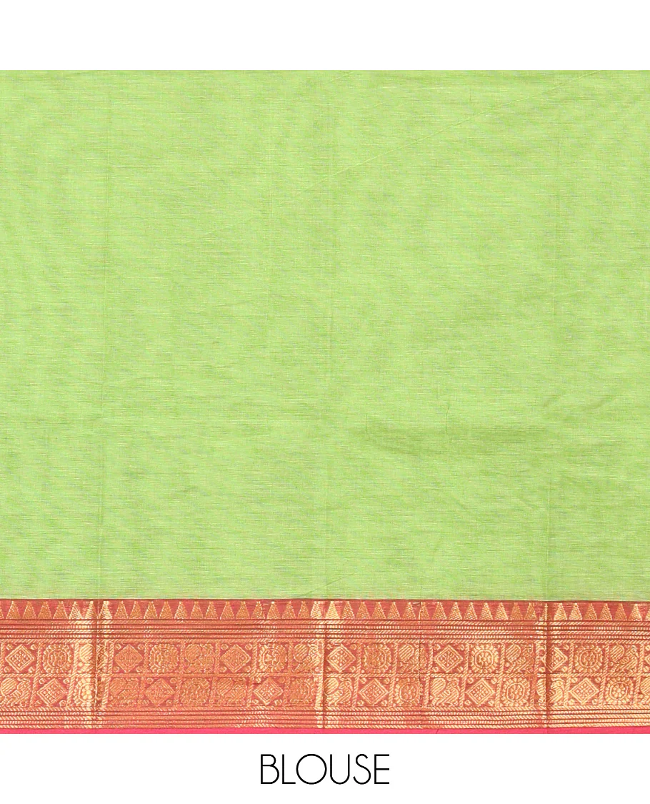Green Chettinad Cotton Saree, Adorned with Buttas All Over Its Body, Complemented by a Contrast Traditional Zari Design Border, Pallu of Stripes, and Paired with a Matching Blouse - Image 3