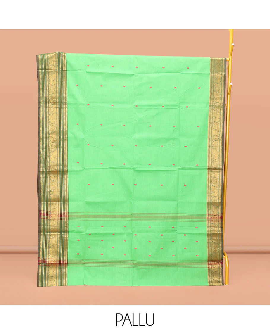 Green Chettinad Cotton Saree, Detailed with Buttas All Over Its Body, Complemented by a Contrast Traditional Zari Design Border, Pallu of Stripes and Buttas, and Paired with a Matching Blouse - Image 3