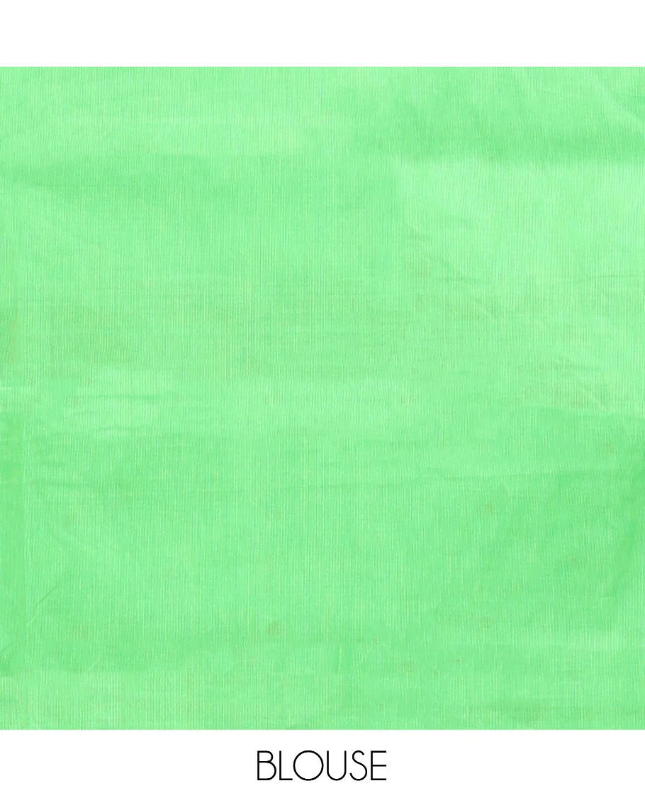 Green Chettinad Cotton Saree, Detailed with Buttas All Over Its Body, Complemented by a Contrast Traditional Zari Design Border, Pallu of Stripes and Buttas, and Paired with a Matching Blouse - Image 4