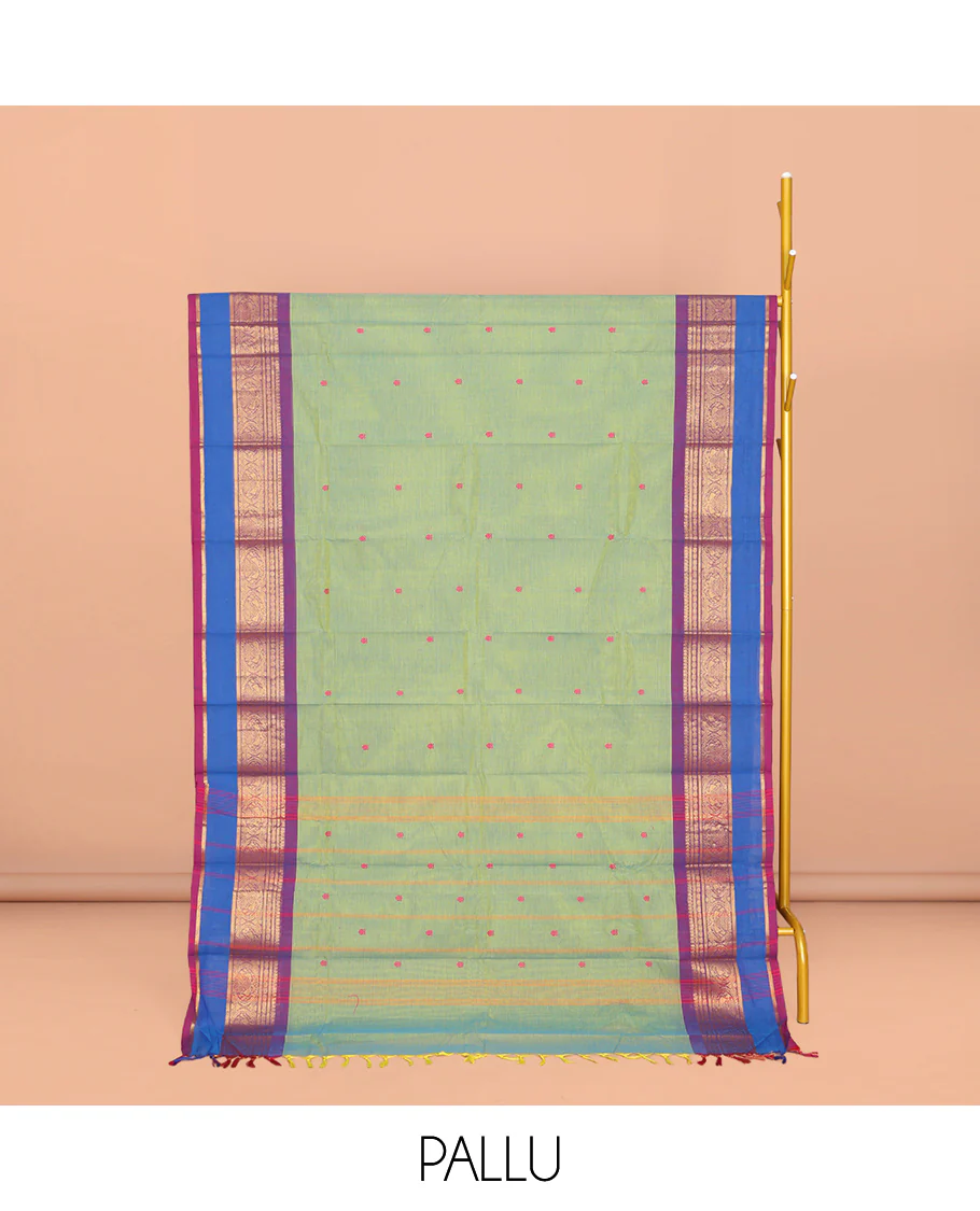 Green Chettinad Cotton Saree, Ornamented with Buttas All Over Its Body, Complemented by a Contrast Traditional Zari Rettai Pettu Border, Pallu of Stripes and Buttas, and Paired with a Matching Blouse - Image 2