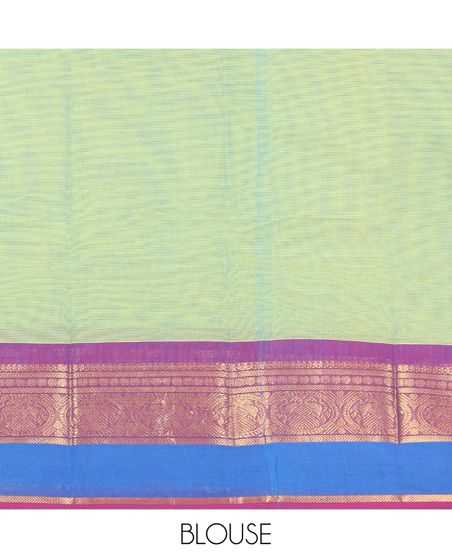 Green Chettinad Cotton Saree, Ornamented with Buttas All Over Its Body, Complemented by a Contrast Traditional Zari Rettai Pettu Border, Pallu of Stripes and Buttas, and Paired with a Matching Blouse - Image 3