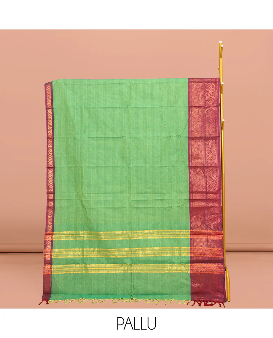 Green Chettinad Cotton Saree, Sparsely Designed with Stripes All Over Its  Body, Complemented by a Contrast Traditional Zari Design Border, Pallu of Stripes, and Paired with a Matching Blouse - Image 2