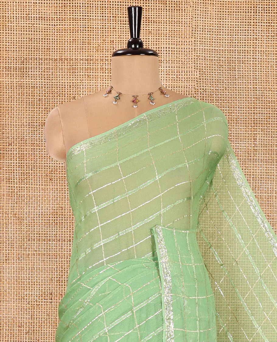 Green Chinon Chiffon Saree, Prettified with Gold Zari Checked Design on Its Body, Self-Pallu, and Paired with a Contrast Elephant-Tree-Themed French Knot Embroidered Blouse - Image 2