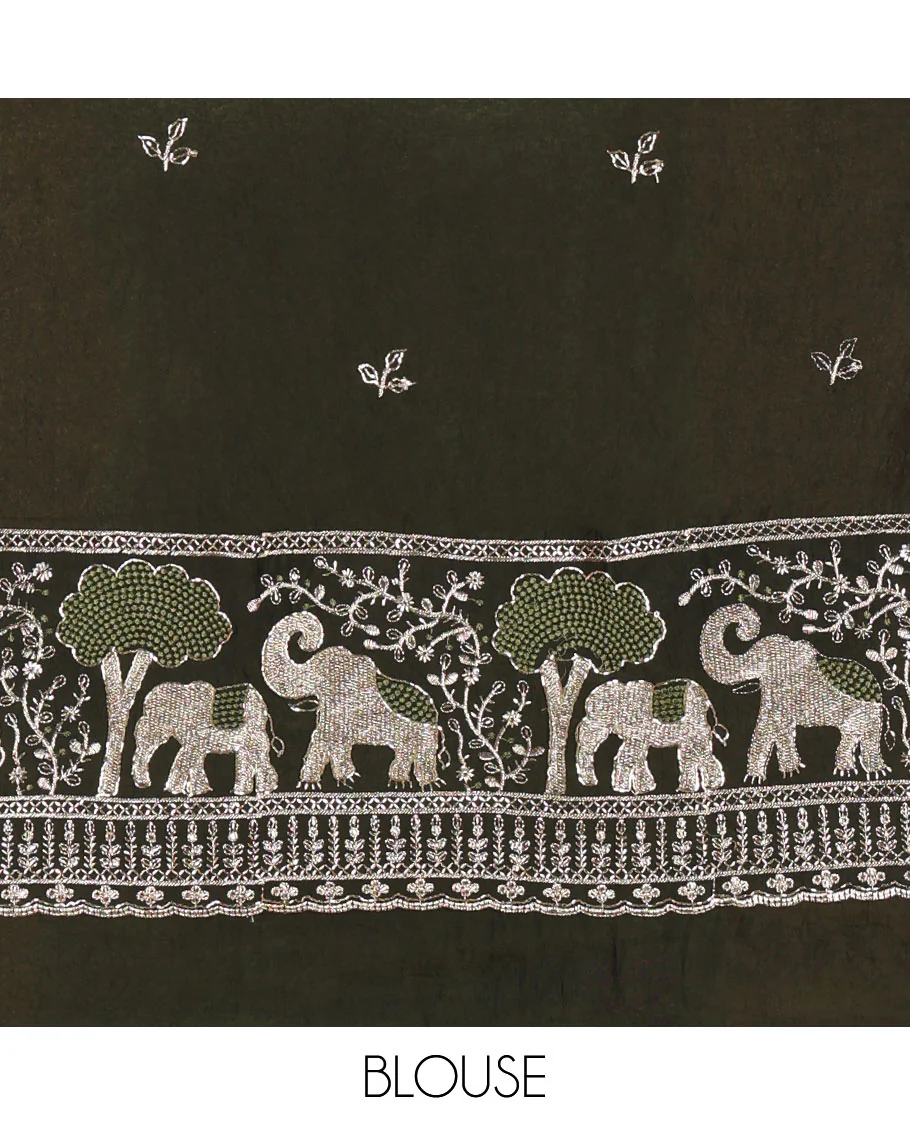 Green Chinon Chiffon Saree, Prettified with Gold Zari Checked Design on Its Body, Self-Pallu, and Paired with a Contrast Elephant-Tree-Themed French Knot Embroidered Blouse - Image 3