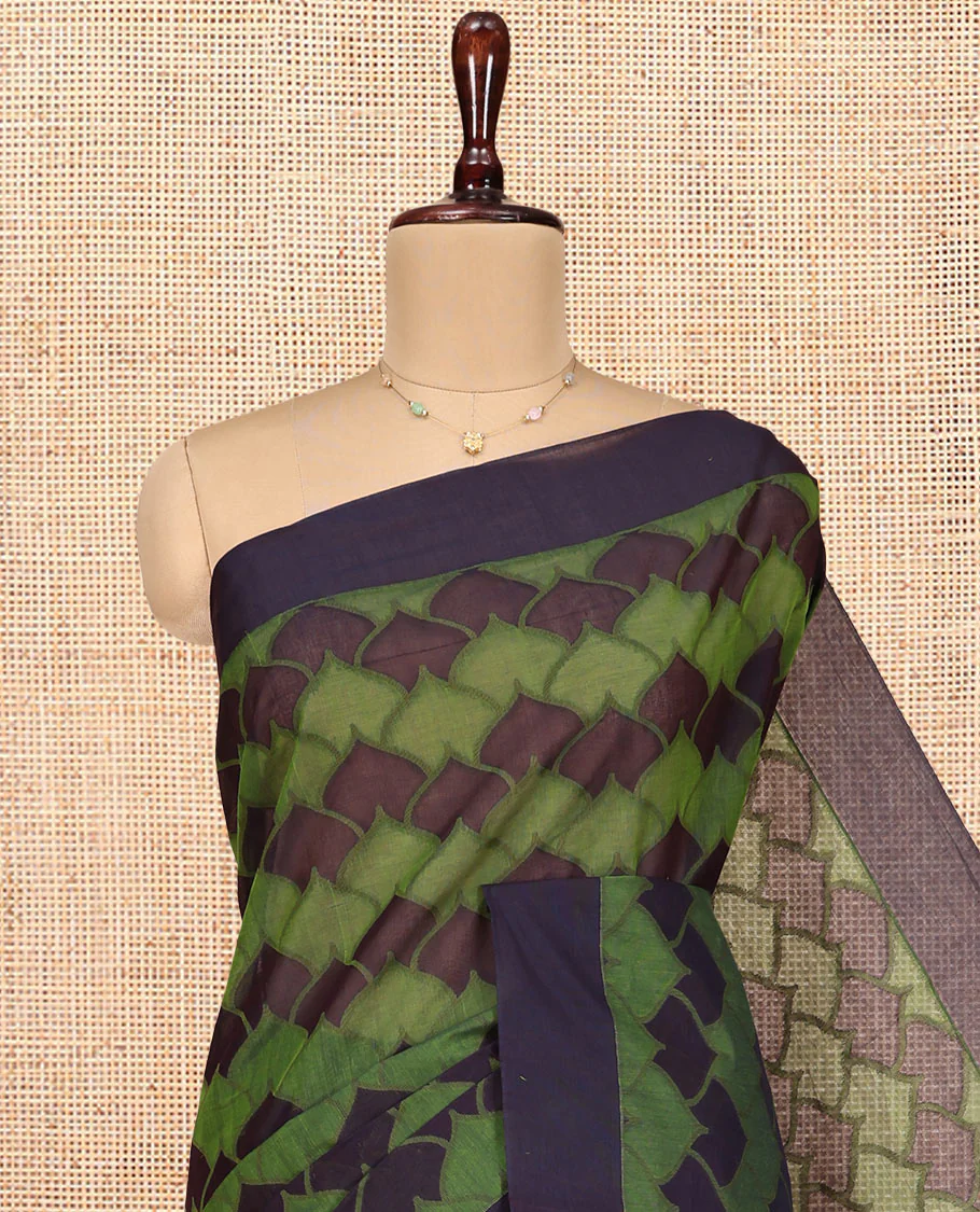 Green Coimbatore Cotton Saree, Ornamented with Scallop Design on Its Body, a Contrast Plain Border, Pallu of Floral Creeper, and Stripes, and Paired with Contrast Blouse - Image 2