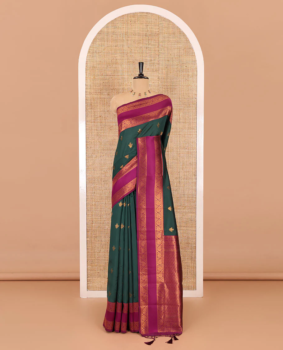 Green copper zari buttas elite soft silk saree , contrast zari weaving border , contrast brocade rich pallu with tussels , and contrast brocade blouse - Image 2