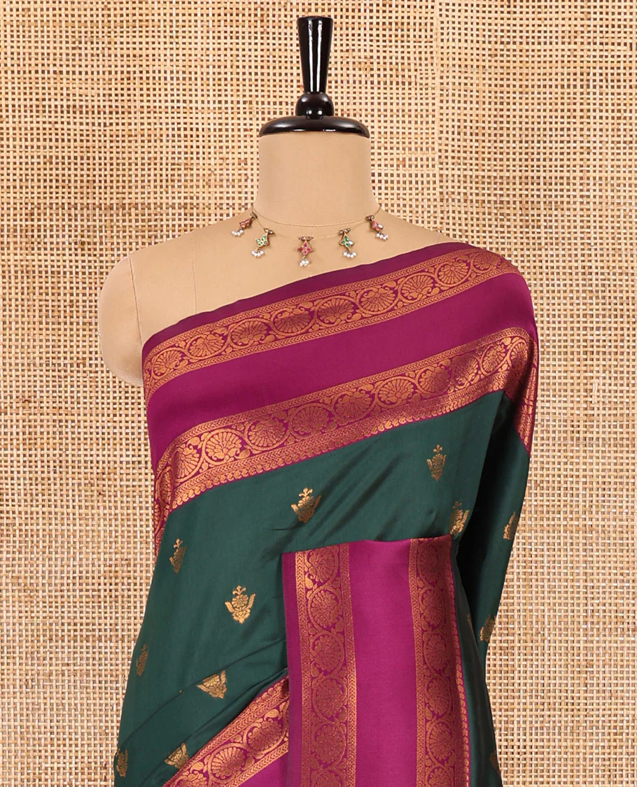 Green copper zari buttas elite soft silk saree , contrast zari weaving border , contrast brocade rich pallu with tussels , and contrast brocade blouse - Image 3