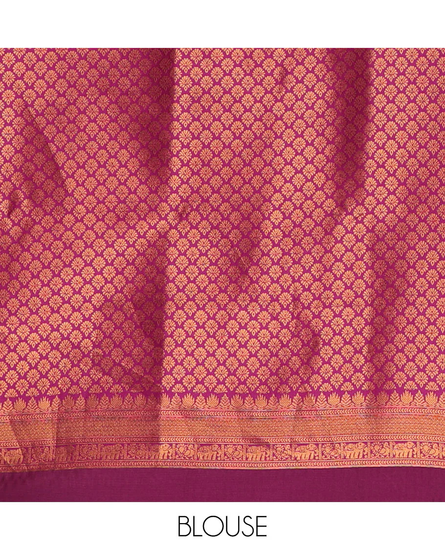 Green copper zari buttas elite soft silk saree , contrast zari weaving border , contrast brocade rich pallu with tussels , and contrast brocade blouse - Image 4