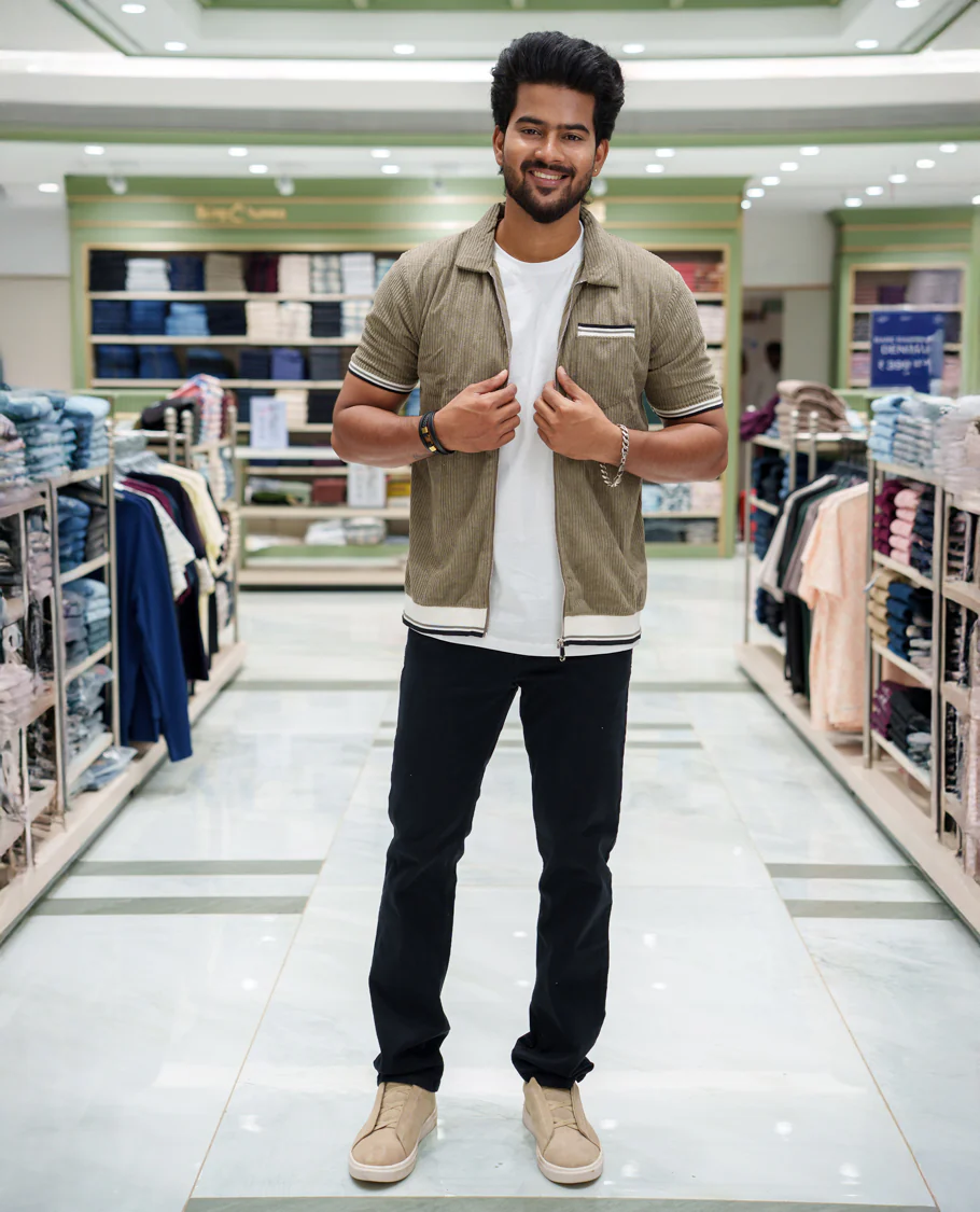 Green Corduroy Jacket, Featuring Sparse Stripes, a Polo Collar, Half Sleeves, Regular Fit, and Regular Length - Image 2