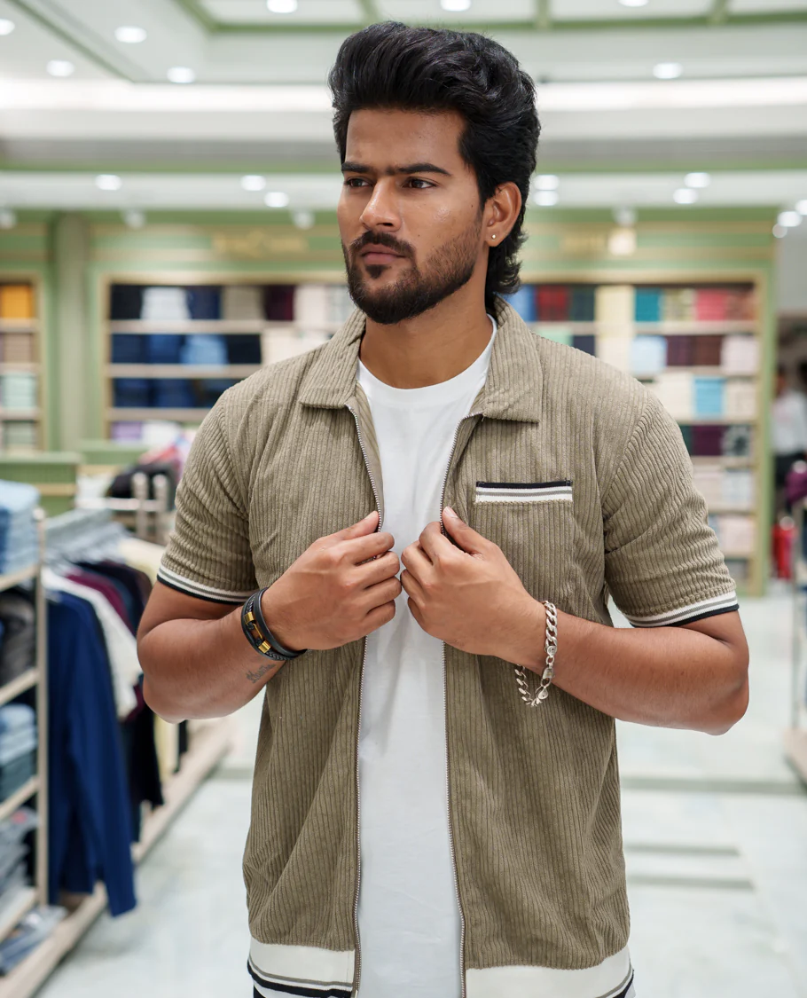 Green Corduroy Jacket, Featuring Sparse Stripes, a Polo Collar, Half Sleeves, Regular Fit, and Regular Length - Image 3