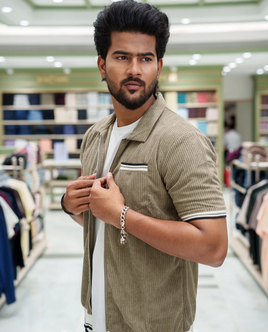 Green Corduroy Jacket, Featuring Sparse Stripes, a Polo Collar, Half Sleeves, Regular Fit, and Regular Length - Image 4