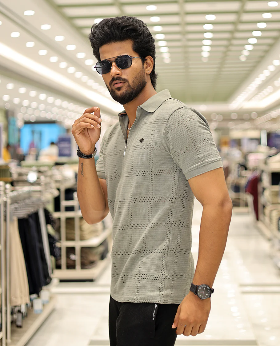 Green Corduroy T-Shirt Comes with a Checked Texture, a Polo Neck, Half-Sleeves, a Slim Fit, and Regular Length - Image 3
