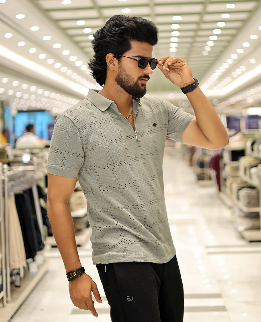 Green Corduroy T-Shirt Comes with a Checked Texture, a Polo Neck, Half-Sleeves, a Slim Fit, and Regular Length - Image 4
