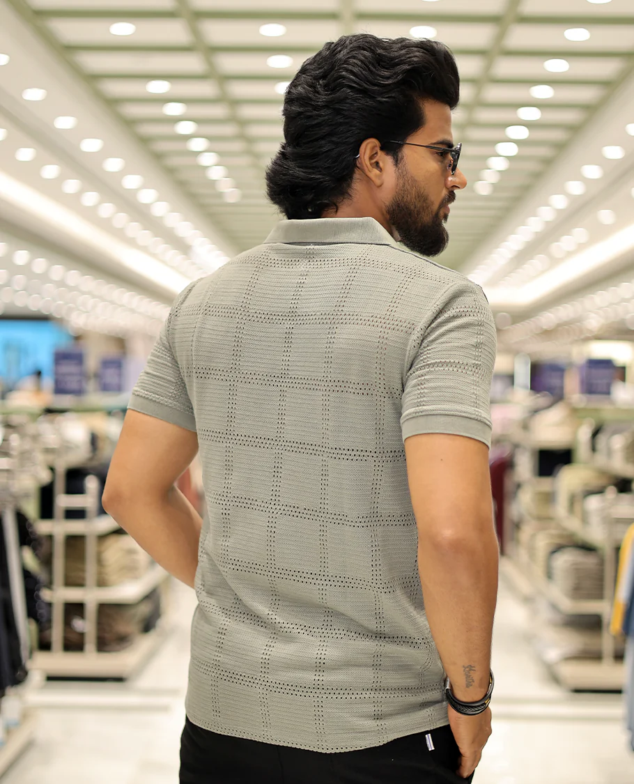 Green Corduroy T-Shirt Comes with a Checked Texture, a Polo Neck, Half-Sleeves, a Slim Fit, and Regular Length - Image 5