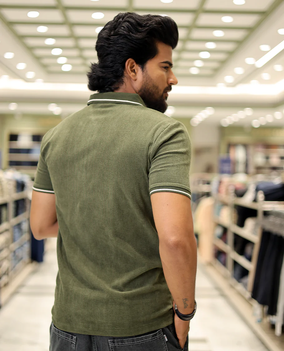 Green Corduroy T-Shirt Comes with a Polo Neck, Half-Sleeves, a Slim Fit, and Regular Length - Image 5