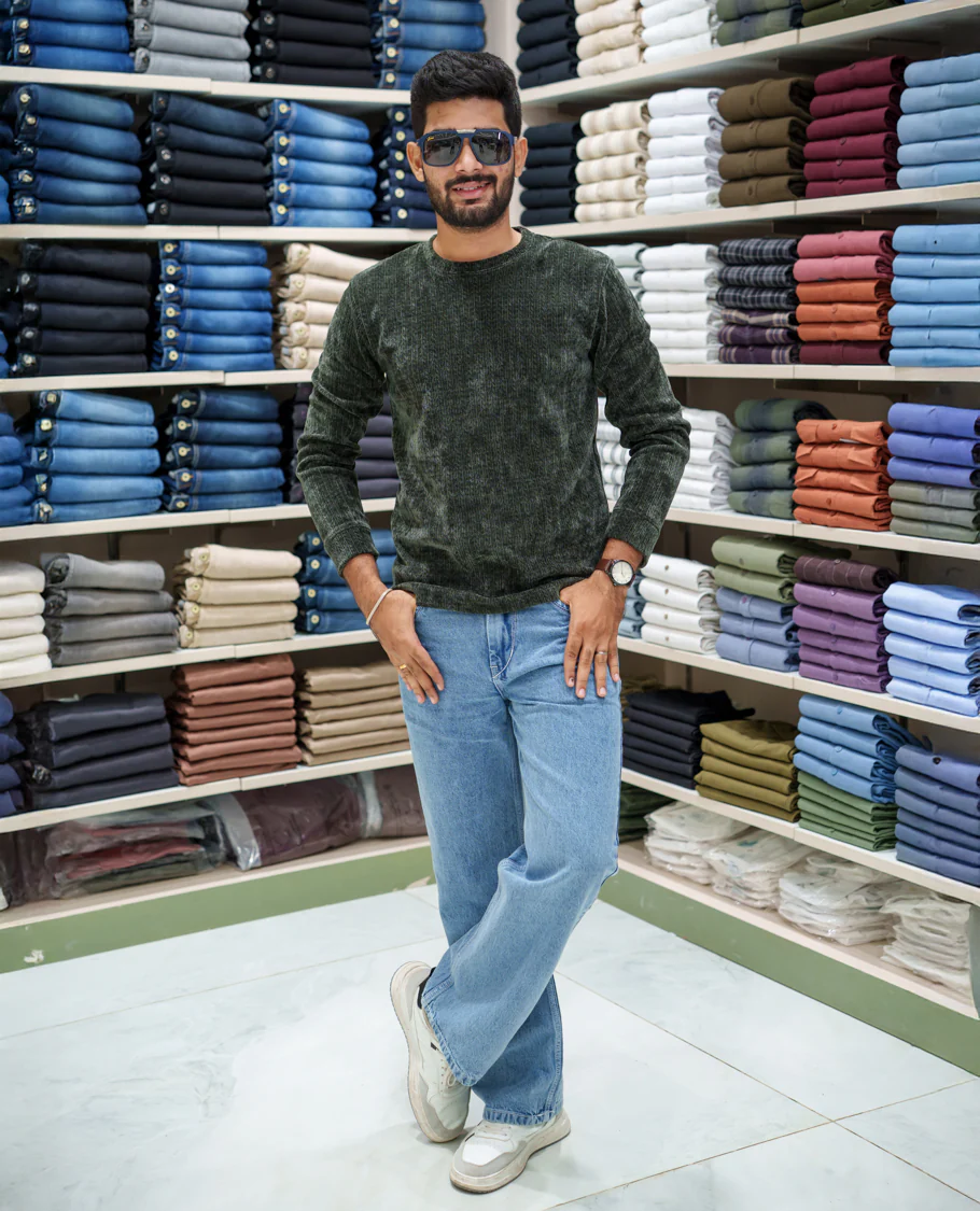 Green Corduroy T-Shirt, Comes with Geometric Textures, a Crew-Neck, Full Sleeves, Slim Fit, and Regular Length - Image 2