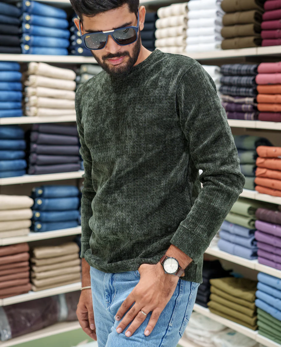 Green Corduroy T-Shirt, Comes with Geometric Textures, a Crew-Neck, Full Sleeves, Slim Fit, and Regular Length - Image 3