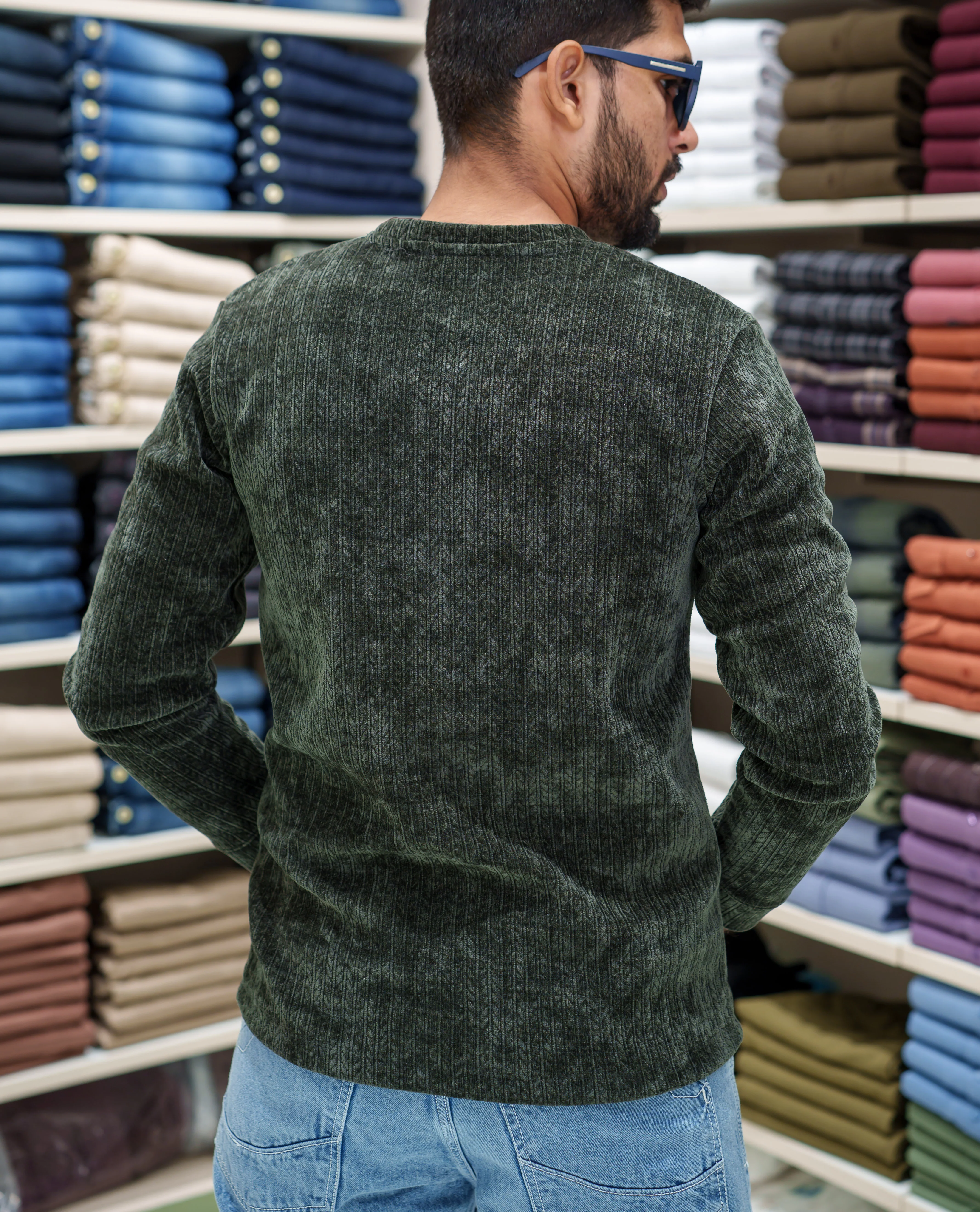 Green Corduroy T-Shirt, Comes with Geometric Textures, a Crew-Neck, Full Sleeves, Slim Fit, and Regular Length - Image 4
