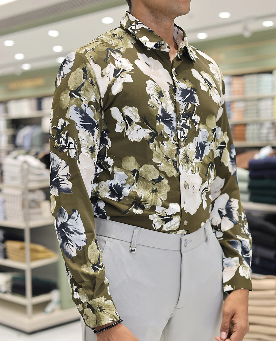 Green Cotton Blended Casual Shirt, Accentuated with Tropical Floral Prints, a Spread Collar, Full Sleeves, Slim Fit, and Regular Length - Image 2