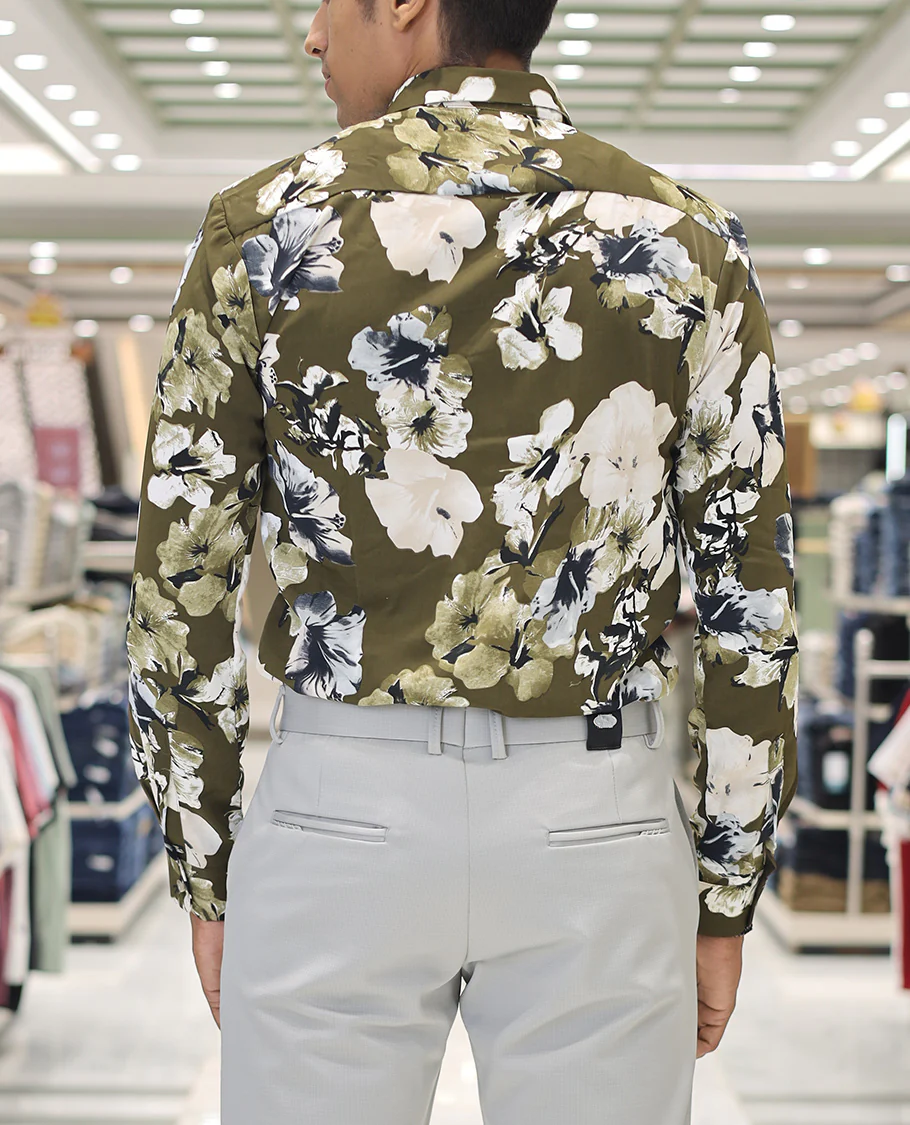 Green Cotton Blended Casual Shirt, Accentuated with Tropical Floral Prints, a Spread Collar, Full Sleeves, Slim Fit, and Regular Length - Image 3