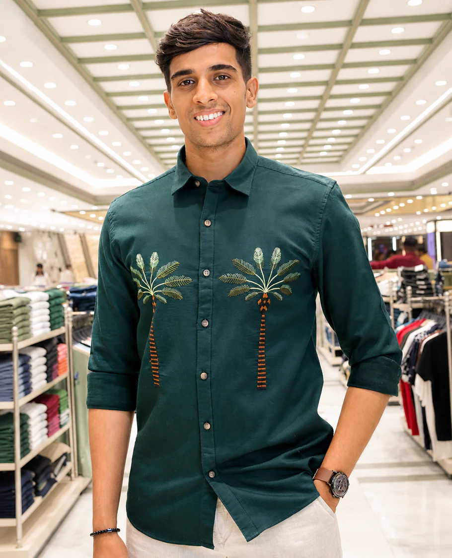 Green Cotton-Blended Casual Shirt, Artfully Designed with Palm Tree Motifs Embroidery, Featuring a Spread Collar, Full Sleeves, Slim Fit, and Regular Length - Image 2