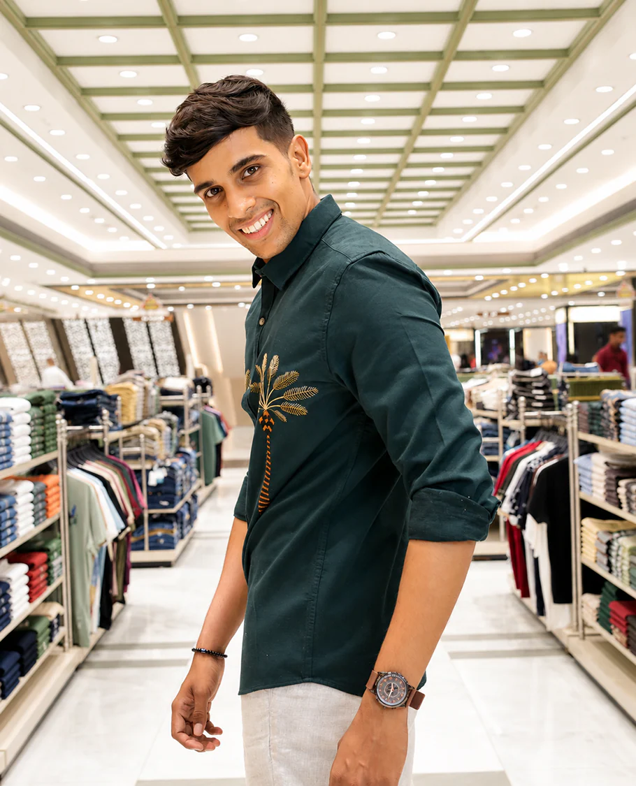 Green Cotton-Blended Casual Shirt, Artfully Designed with Palm Tree Motifs Embroidery, Featuring a Spread Collar, Full Sleeves, Slim Fit, and Regular Length - Image 3