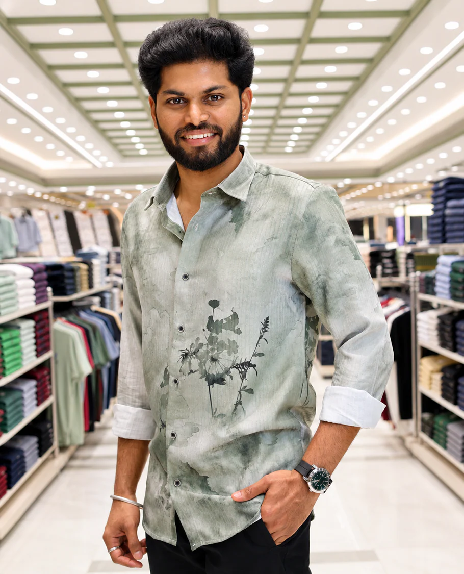 Green Cotton-Blended Casual Shirt, Beautifully Printed with Abstract-Style Floral Print, Featuring a Spread Collar, Full Sleeves, Slim Fit, and Regular Length - Image 2