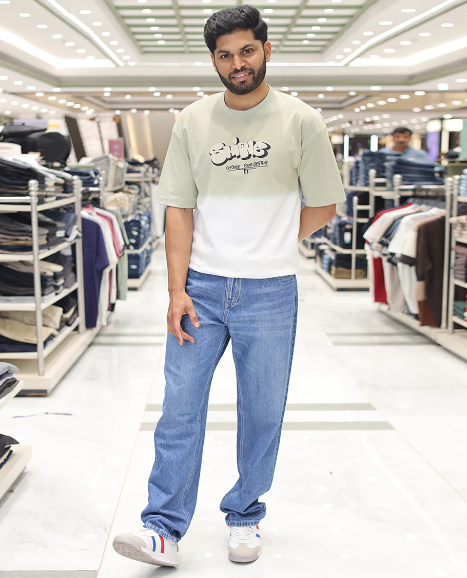 Green Cotton-Blended Ombre T-Shirt, Artfully Detailed with Funky Motifs and Typography Prints, Comes with a Crew Neck, Half-Sleeves, Oversized Fit, and Long Length - Image 3