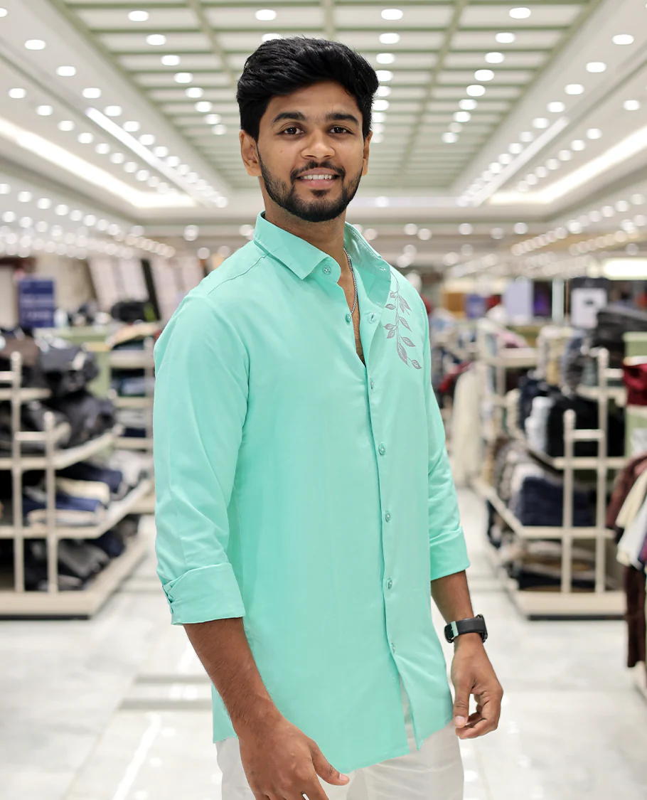 Green Cotton-Blended Party Wear Shirt, Comes with Floral Print, Full Sleeves, a Spread Collar, a Slim Fit, and Regular Length - Image 3