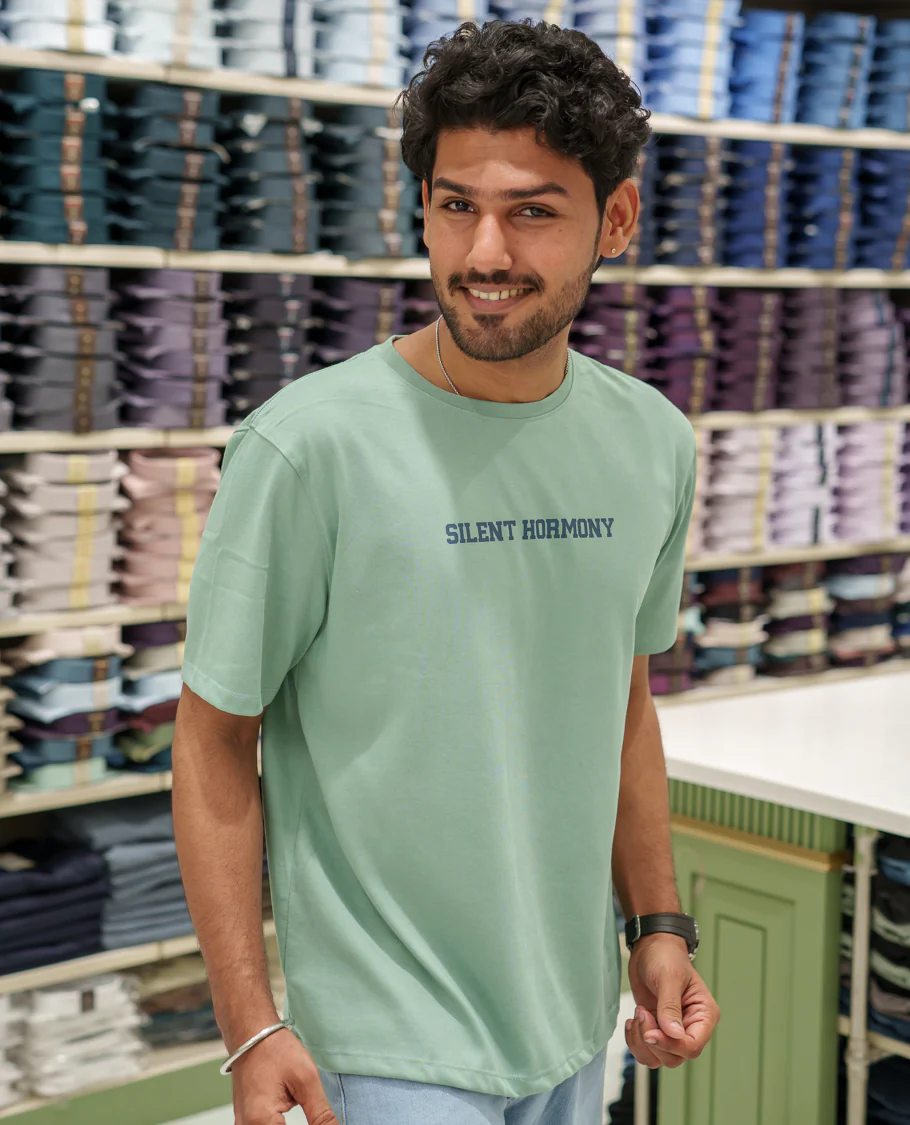 Green Cotton-Blended T-Shirt Comes with an Tree-Motifs Back Print, Crew Neck, Half Sleeves, Oversized Fit, and Regular Length - Image 4