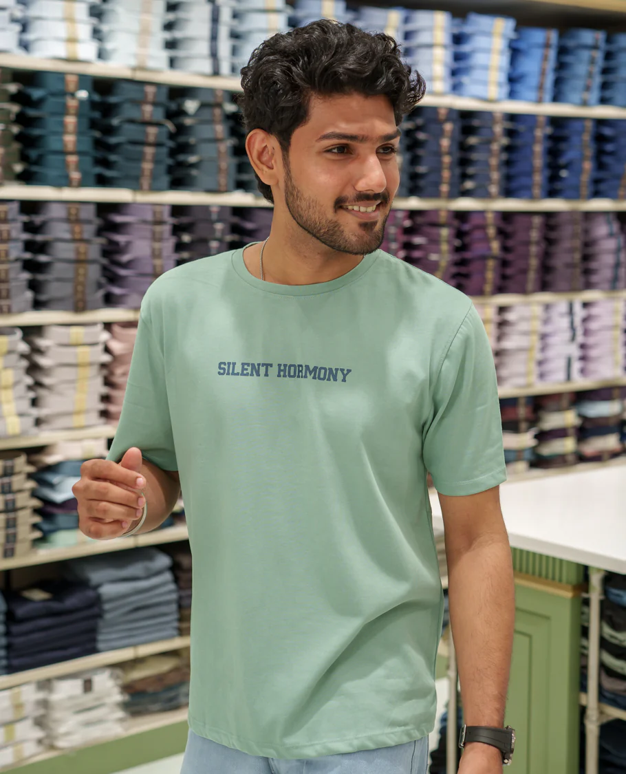 Green Cotton-Blended T-Shirt Comes with an Tree-Motifs Back Print, Crew Neck, Half Sleeves, Oversized Fit, and Regular Length - Image 5