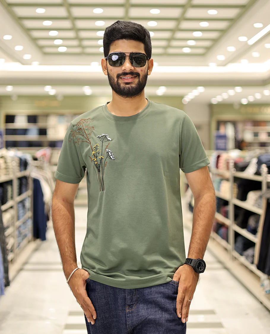 Green Cotton-Blended T-Shirt Comes with Floral-Theme Embroidered Motifs, Half-Sleeves, a Crew Neck, a Slim Fit, and Regular Length - Image 2