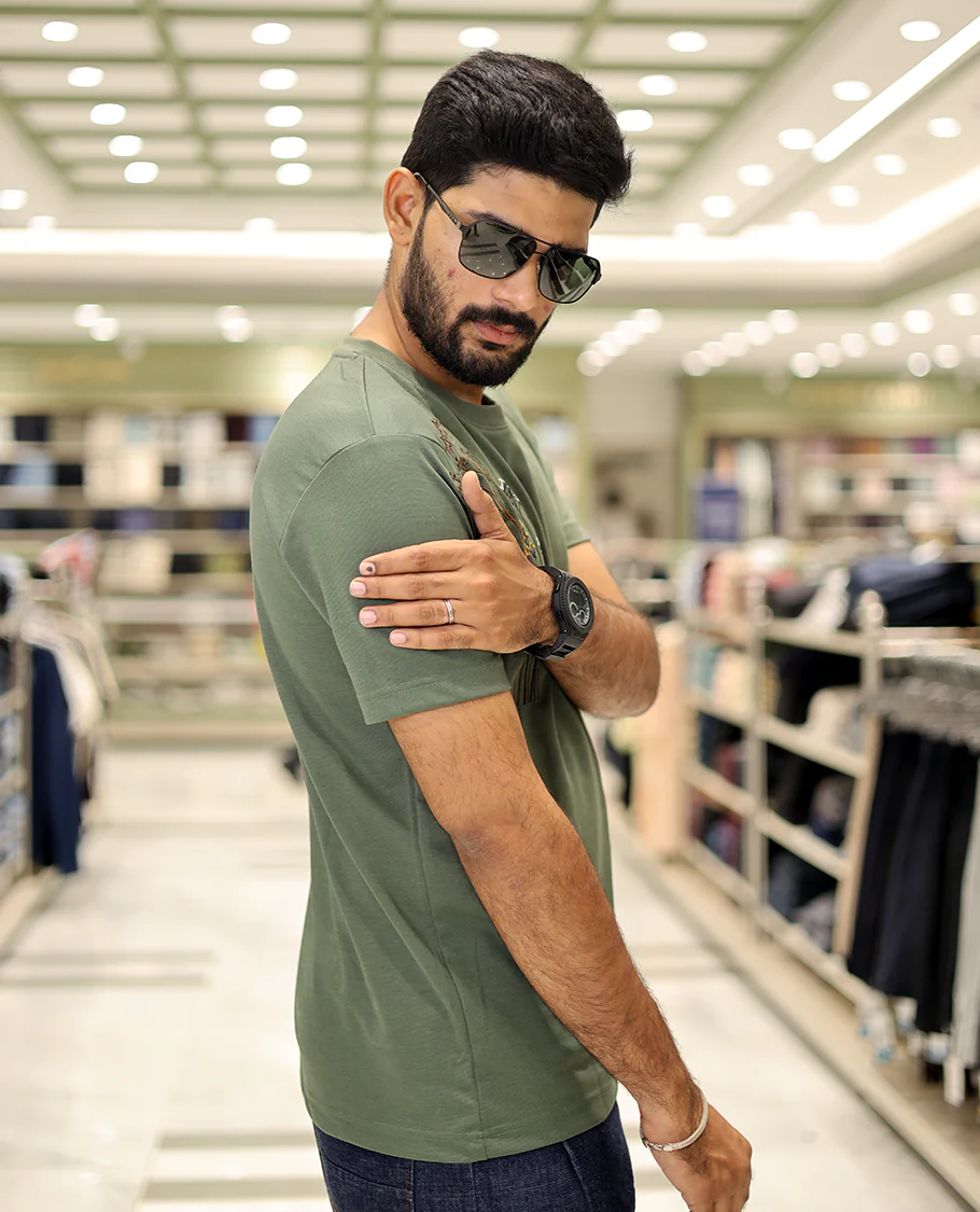 Green Cotton-Blended T-Shirt Comes with Floral-Theme Embroidered Motifs, Half-Sleeves, a Crew Neck, a Slim Fit, and Regular Length - Image 4