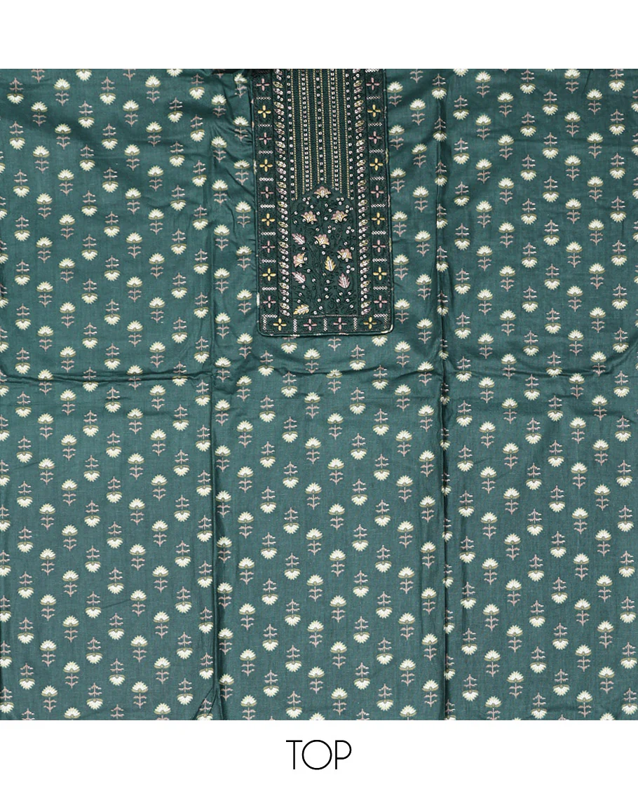 Green Cotton Material Chudidar Set, Adorned with Floral Motifs Block Print, and Neck Embroidery on Its Cotton Top, a Floral Printed Bottom, and Paired with Chevron Printed Cotton Dupatta - Image 2