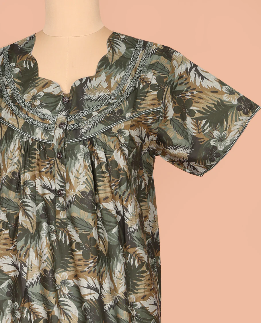 Green Cotton Nighty Bedecked with Tropical Floral Print, Featuring Lace Work, Scallop Front Neck, and Half  Sleeves