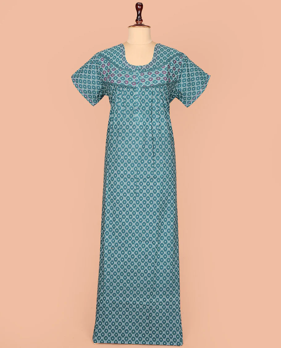 Green Cotton Nighty Decked Up with Ogee Patterns Print, Featuring Lace Work, Round Front Neck, and Half Sleeves - Image 2