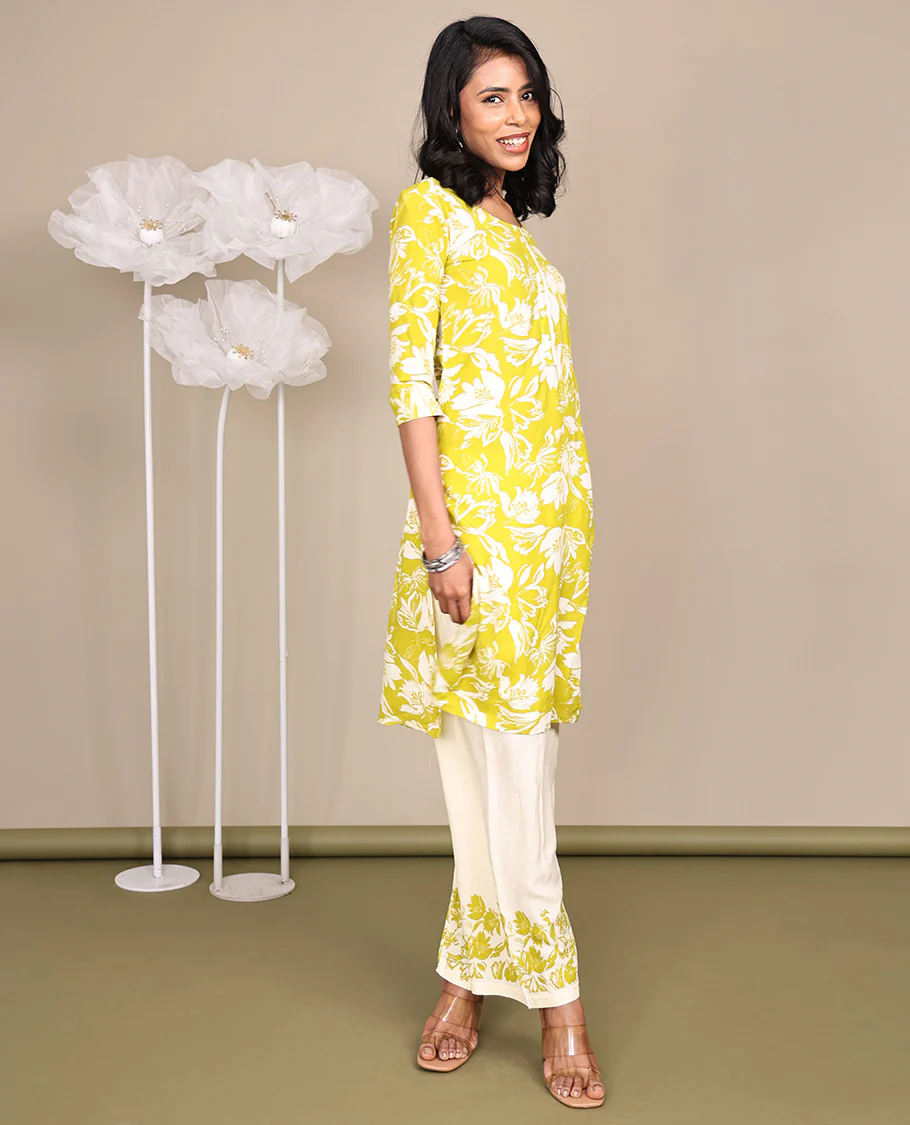 Green Cotton Ready-Made Suit, Featuring Silhouette-Style Floral Prints, a Round Neckline, 3/4 Sleeves, and Straight-Cut Top, Paired with Floral-Printed Straight-Cut Pants - Image 4