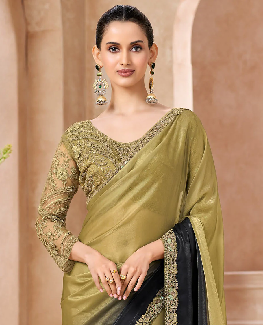 Green Designer Saree Featuring Ombre-Color Dyed All Over the Saree, Artfully Detailed with Embroidered Border, and Comes with a Contrast Intricately Embroidered Blouse - Image 2