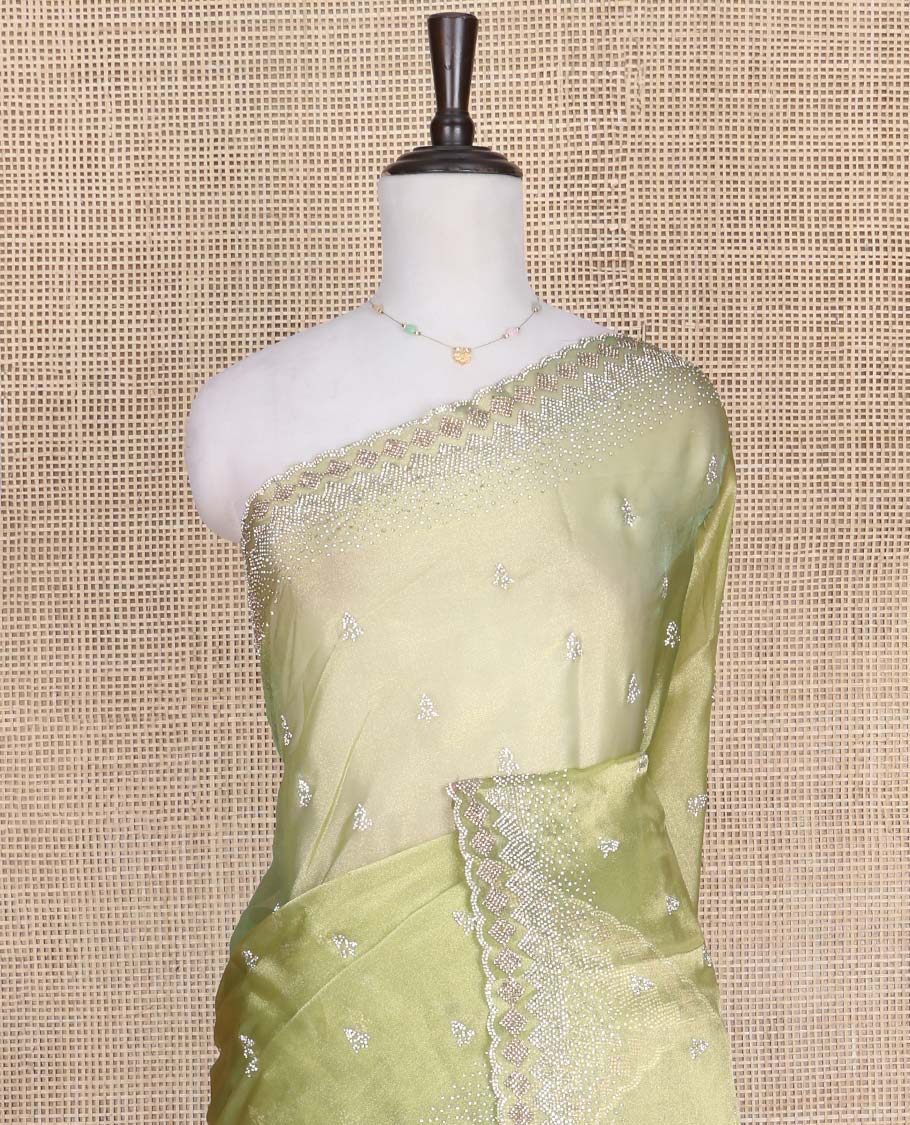 Green Designer Saree, Gleamed Up with Stone Embroidered Buttas on Its Body, Highlighted by Scallop Stone Work Border, Pallu of Stone Work, and Paired with a Heavily Stone Embellished Matching Blouse - Image 2