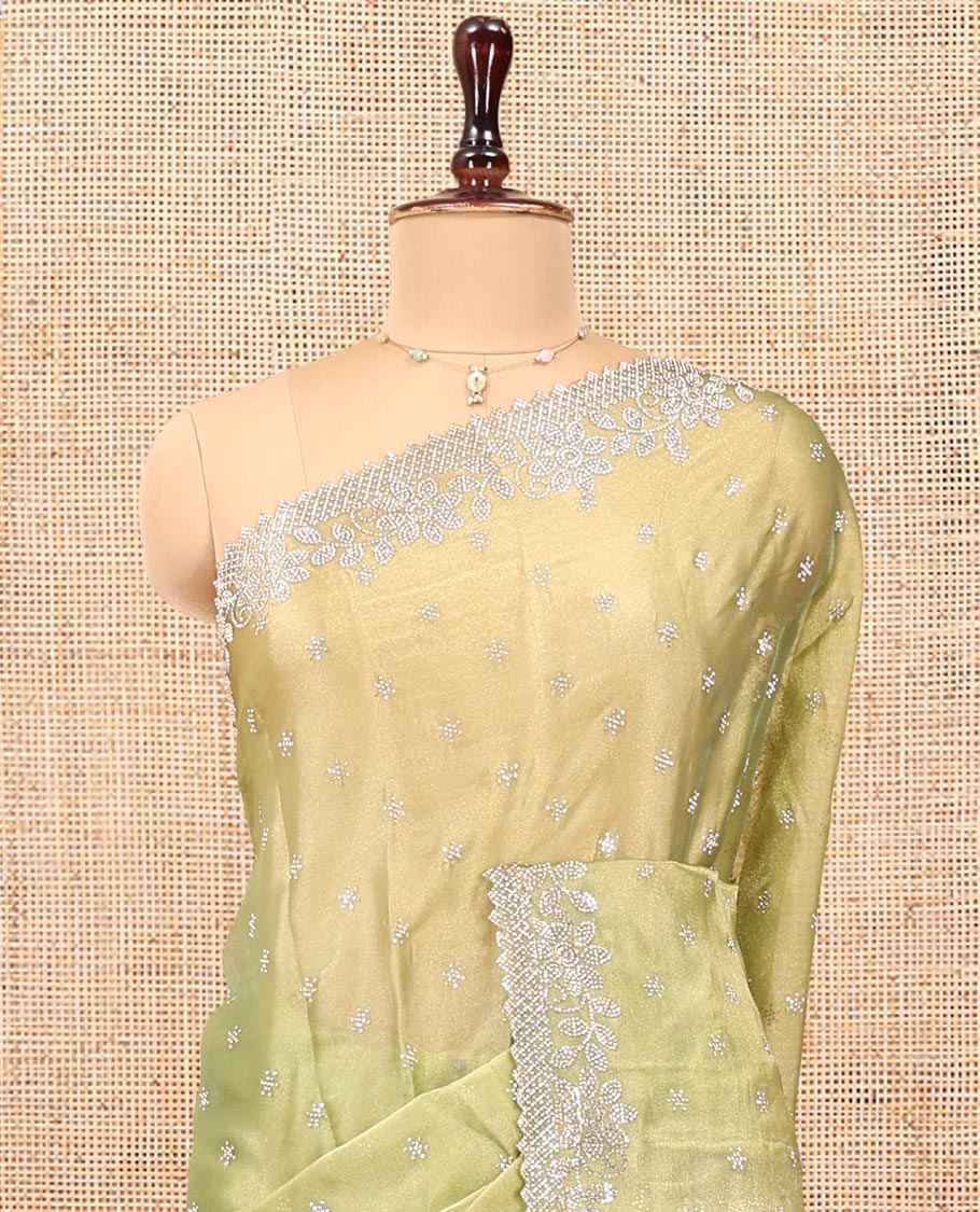 Green Designer Saree, Gleamed up with Stone Work All Over Its Body, Highlighted by Stone Embroidered Border, And Paired with a Matching Blouse - Image 2
