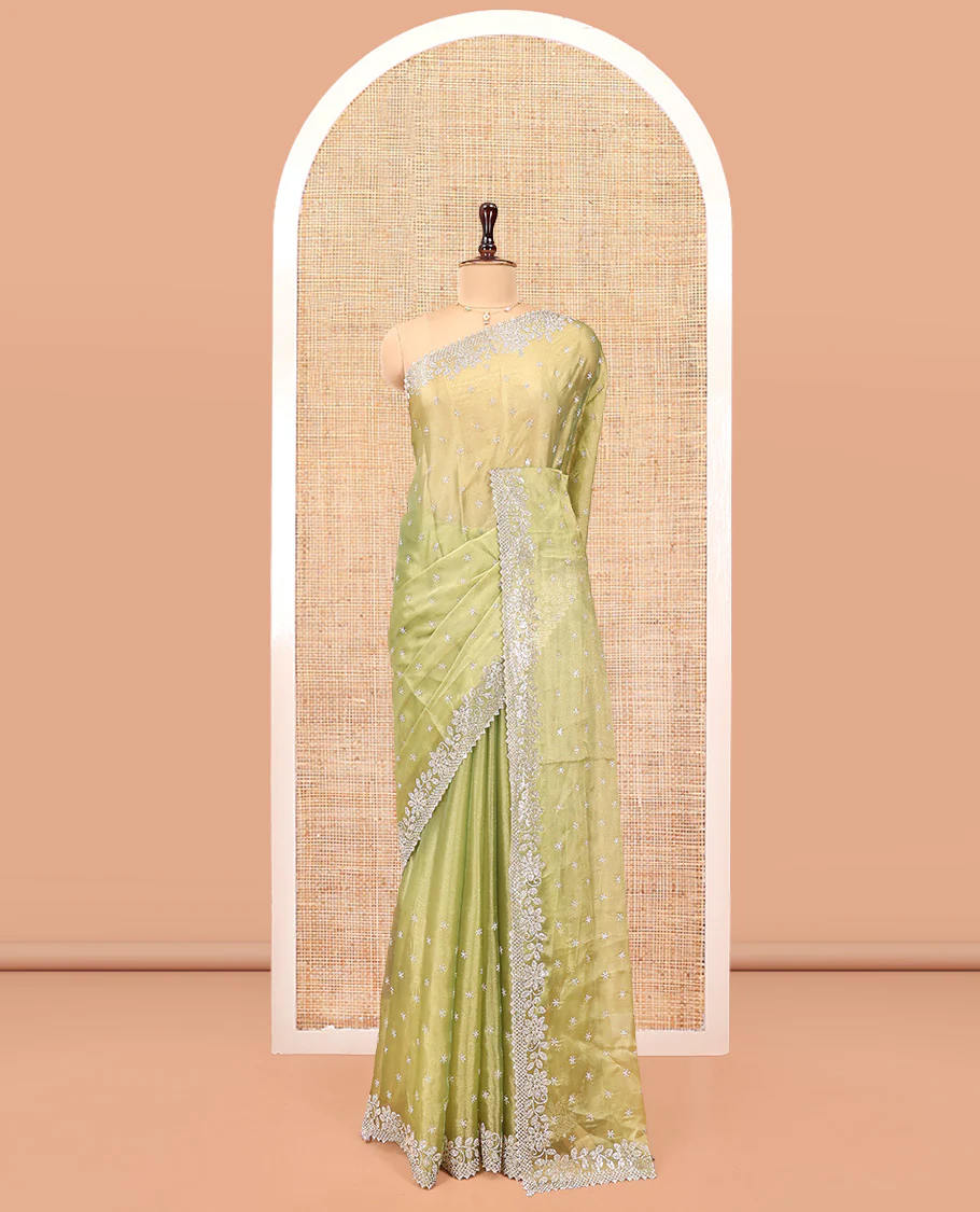 Green Designer Saree, Gleamed up with Stone Work All Over Its Body, Highlighted by Stone Embroidered Border, And Paired with a Matching Blouse - Image 3