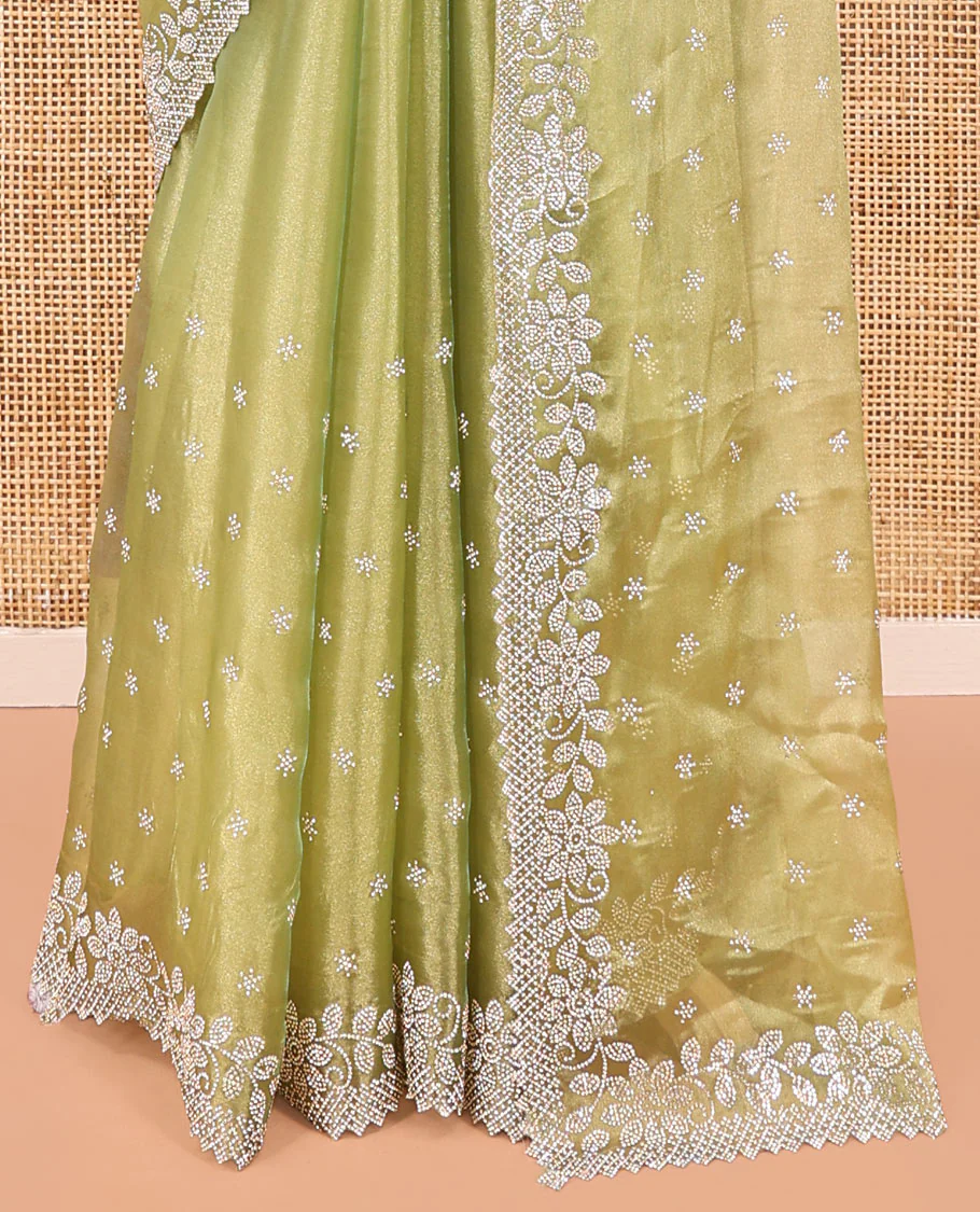 Green Designer Saree, Gleamed up with Stone Work All Over Its Body, Highlighted by Stone Embroidered Border, And Paired with a Matching Blouse - Image 4