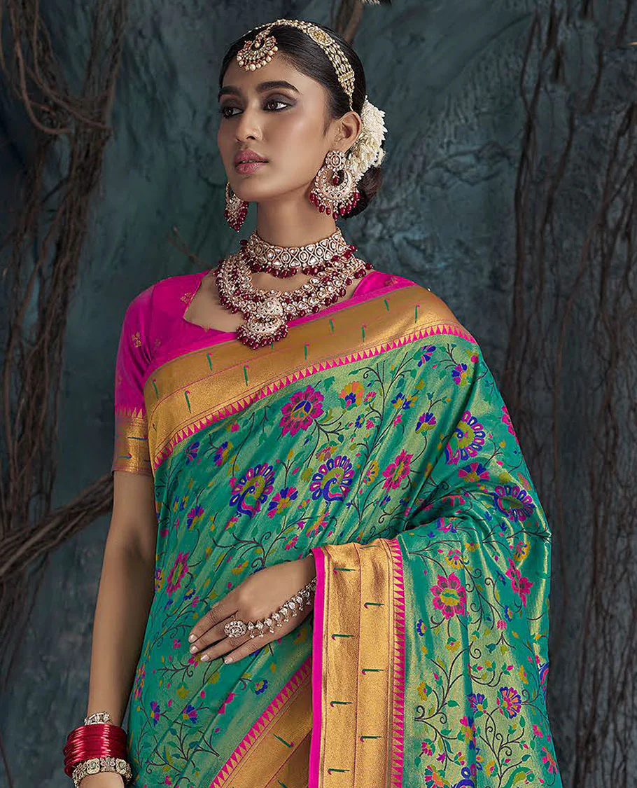 Green Designer Saree, Prettified with Paithani-Style Floral Vine and Peacock Designs All Over Its Body, Complemented by a Contrast Temple Muniya Border, Pallu of Floral Jaal Designs, and Paired with a Contrast Blouse - Image 2