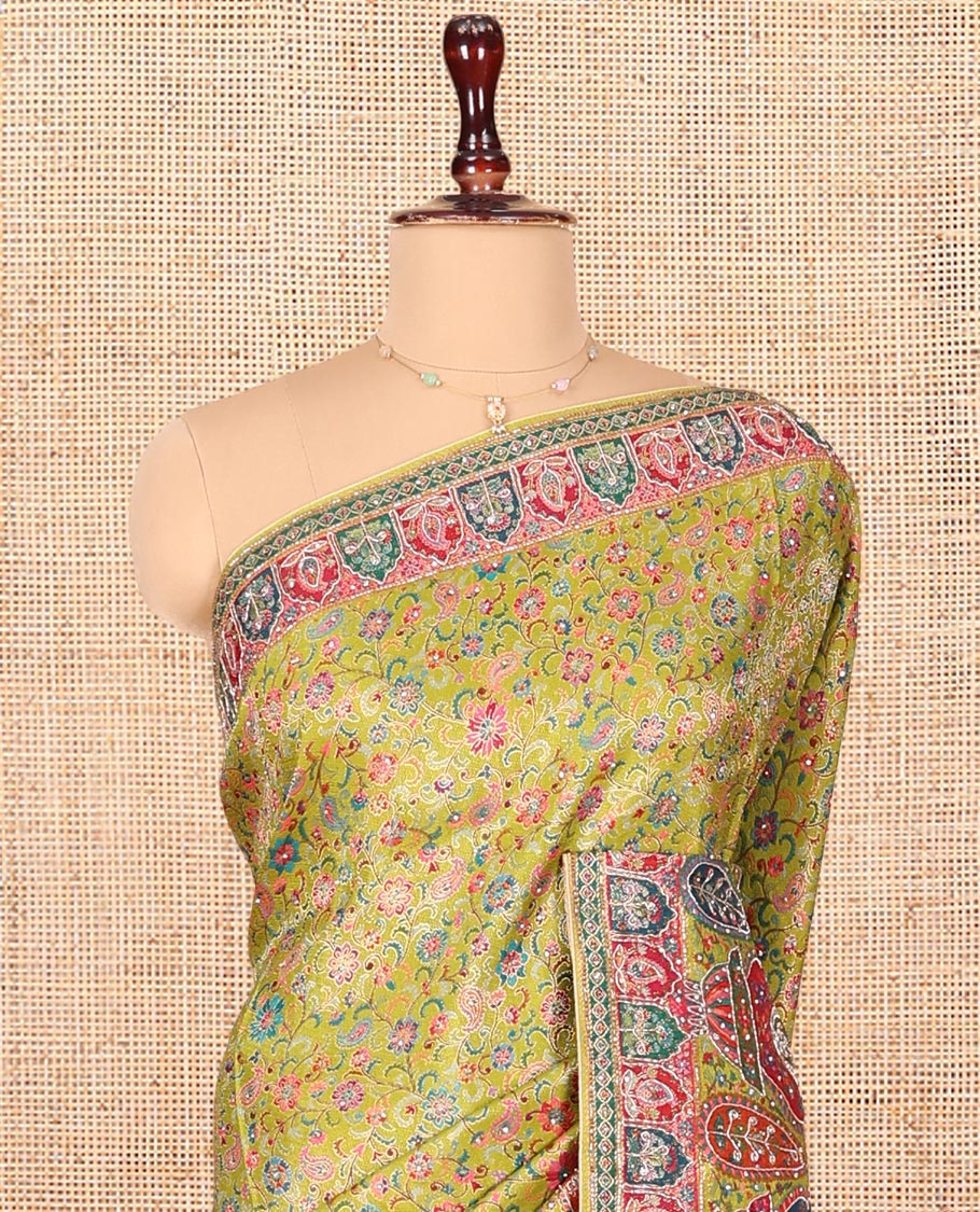 Green Dola Silk Saree, Elevated with Floral and Paisley Design on Its Body, Highlighted by Intricate Mughal Border, Pallu of Floral and Paisley Design, and Paired with a Matching Blouse - Image 2