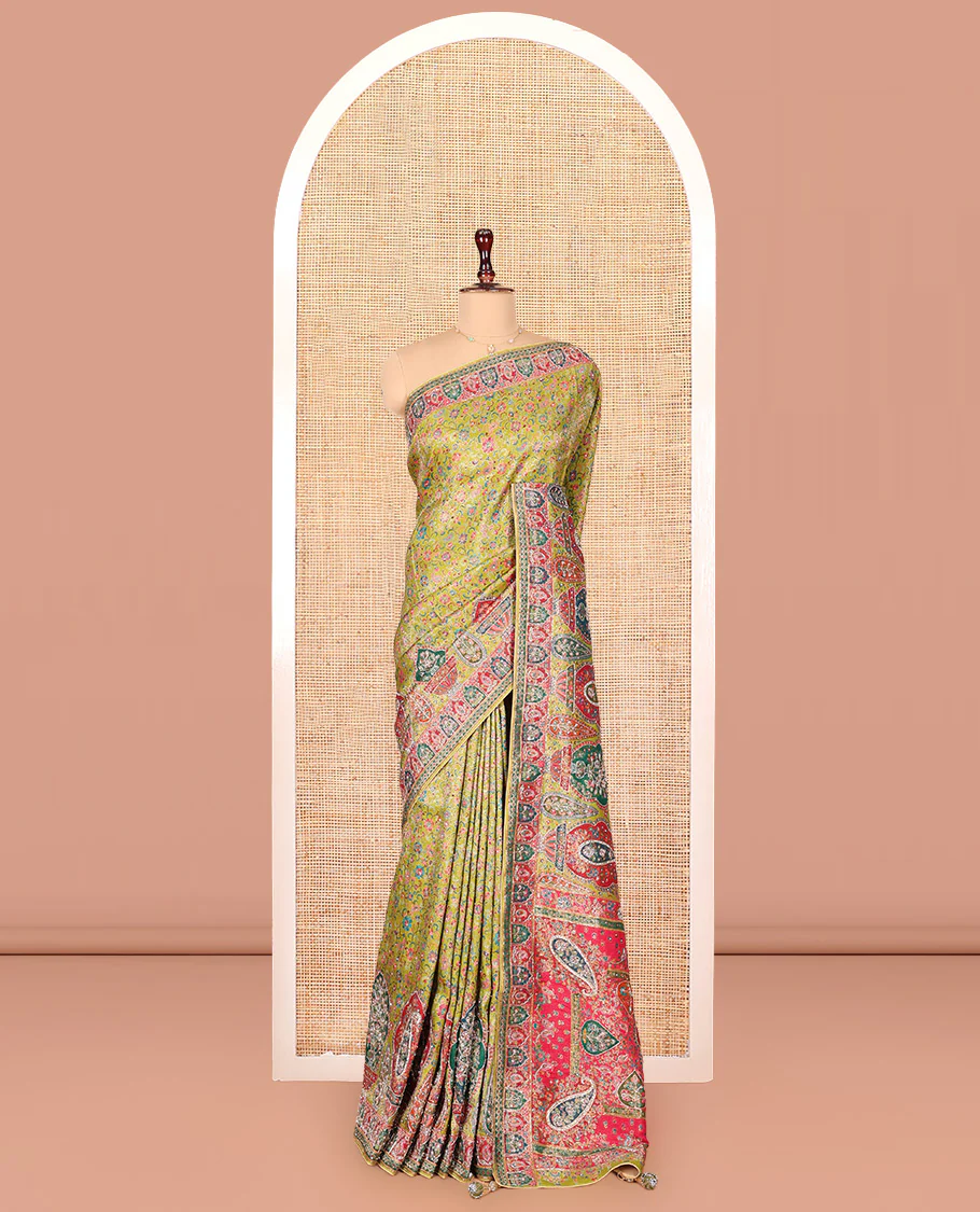 Green Dola Silk Saree, Elevated with Floral and Paisley Design on Its Body, Highlighted by Intricate Mughal Border, Pallu of Floral and Paisley Design, and Paired with a Matching Blouse - Image 3