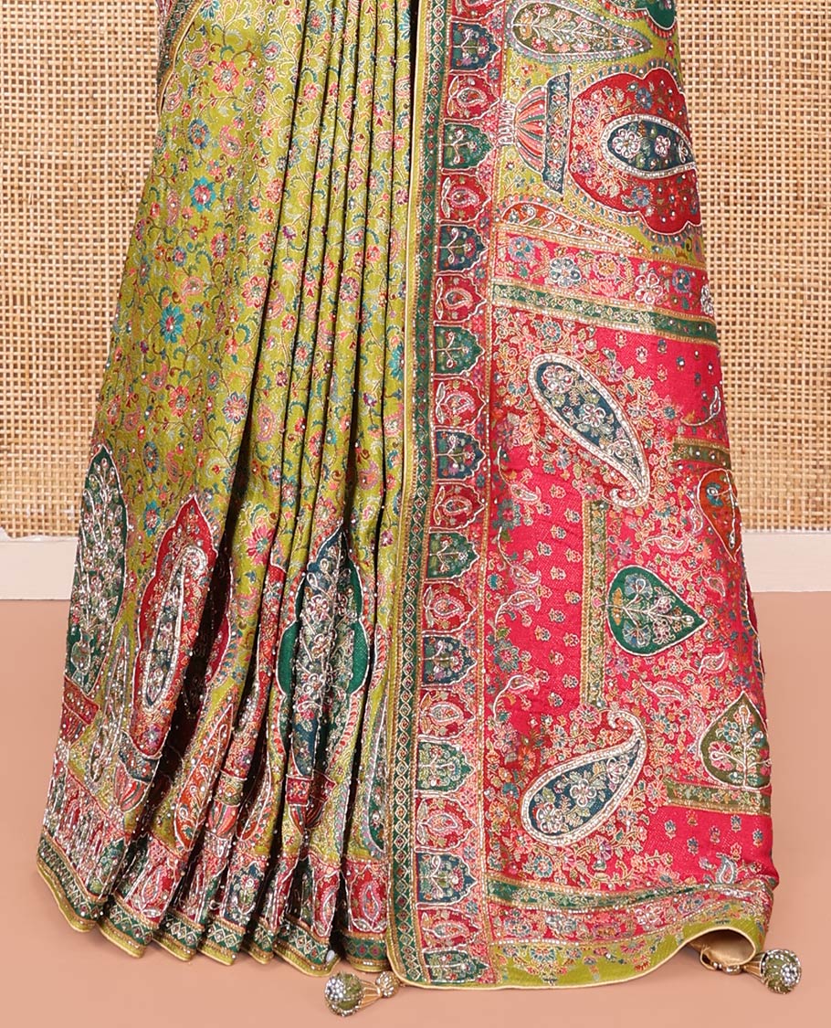 Green Dola Silk Saree, Elevated with Floral and Paisley Design on Its Body, Highlighted by Intricate Mughal Border, Pallu of Floral and Paisley Design, and Paired with a Matching Blouse - Image 4
