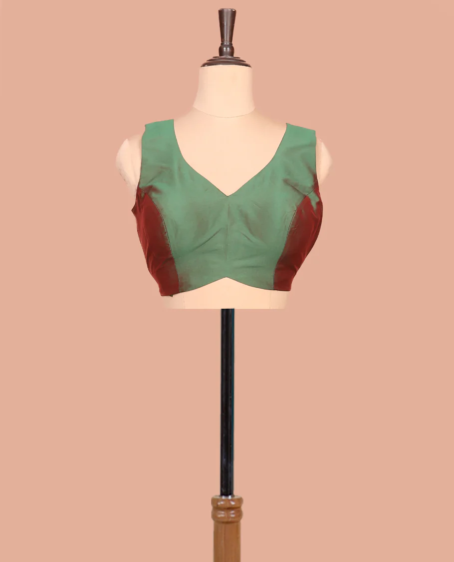 Green Dual-Toned Plain Readymade Blouse Featuring a Front V-Neck, Back Deep V-Neck, and Sleeveless